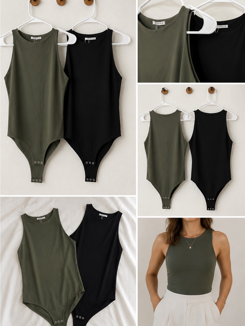 REORIA Double Lined Sleeveless Bodysuit Bundle Black Olive Green Size Xl